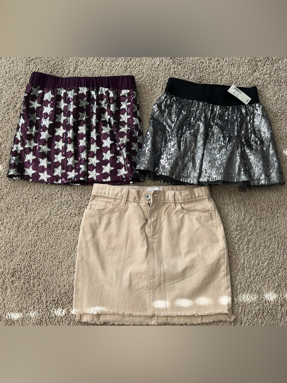 Set of Three Mini Skirts - Beige Denim, Purple Star Sequin, Silver Sequin size 8
